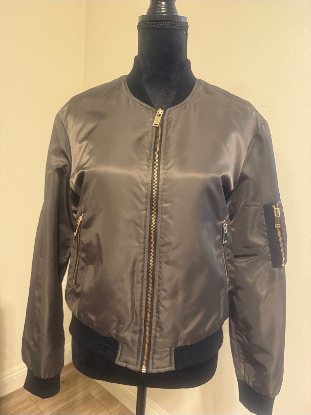 Zara Brown Satin Bomber Jacket with Gold Zippers